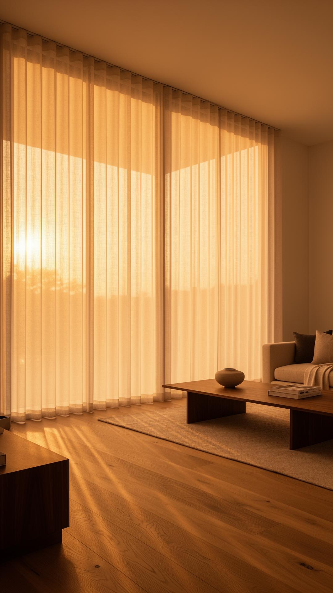 Sun-drenched living room with sheer motorized linen curtains at golden hour